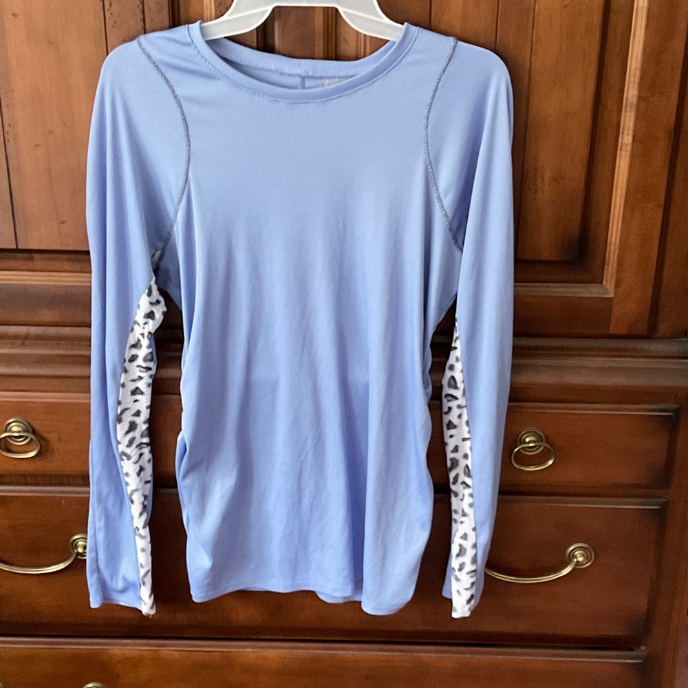 Women's Blue Long Sleeve lucky in love  Top with Patterned Accents. L